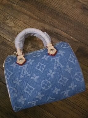 Cotton Blue Denim Monogram Micro Mini Bag with Tan Leather Trim